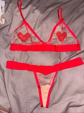 For Love And Lemons Red Sheer Heart Appliqué Bralette & Thong Set